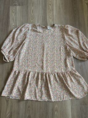 Sienna Sky Cream Floral Peplum Tunic with Pink & Yellow Accents